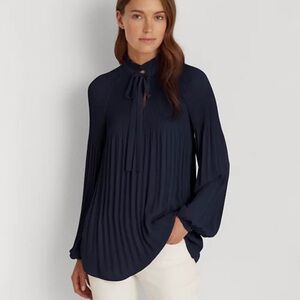 Ralph Lauren Navy Blue Georgette Tie-Neck Top. Size S MISSING BUTTON ON SLEEVE